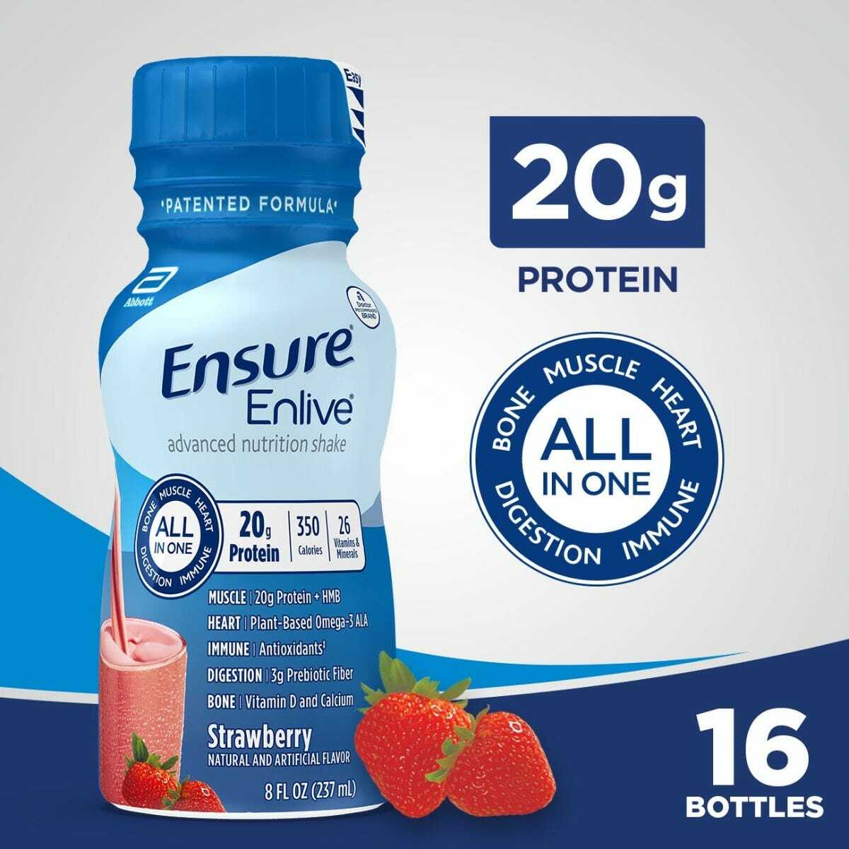 Ensure Enlive Strawberry shake bottle showing 20g protein and All-in-One blend