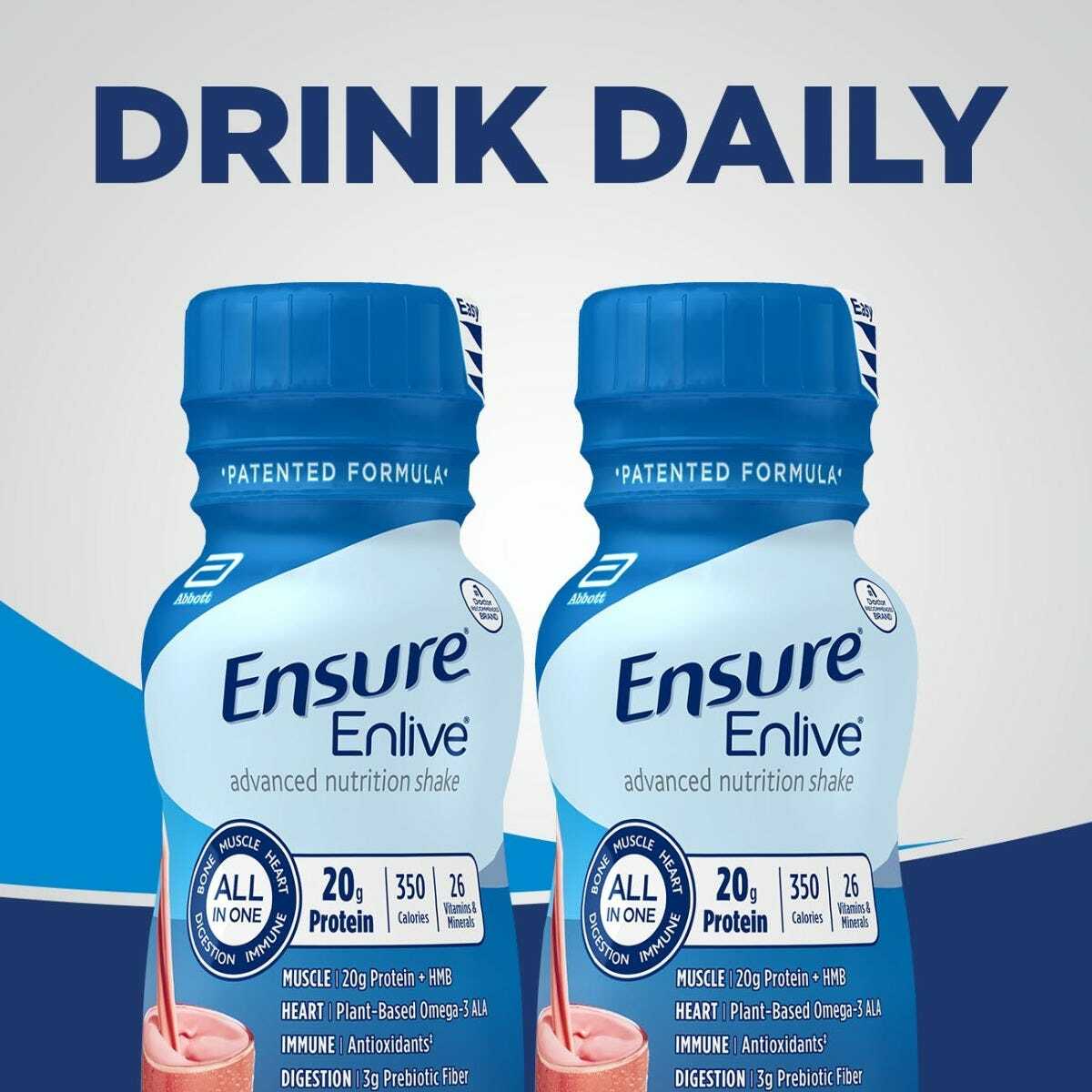 Two Ensure Enlive Strawberry shake bottles with “DRINK DAILY” label