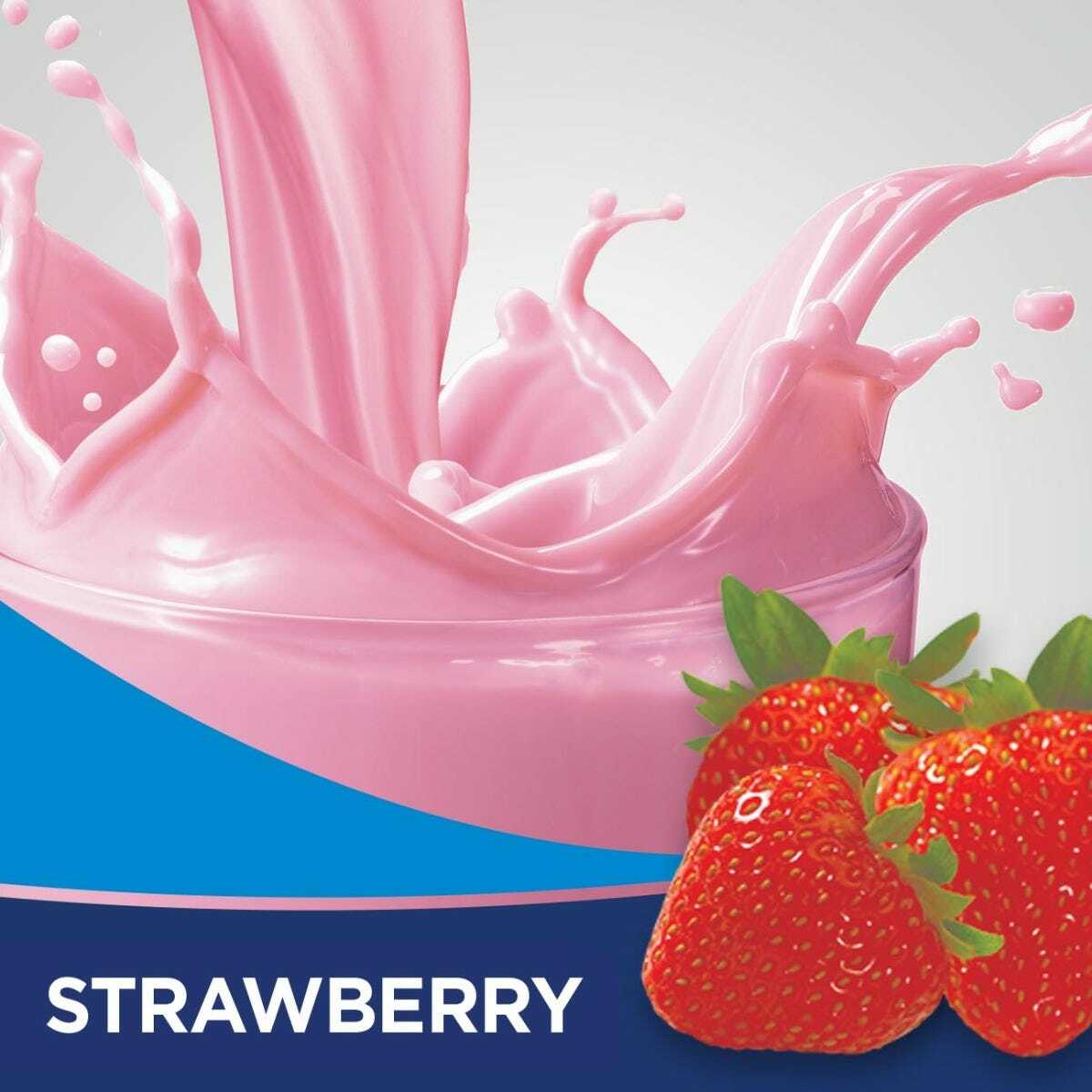 Strawberry flavored shake graphic with strawberry fruit and pink shake swirl