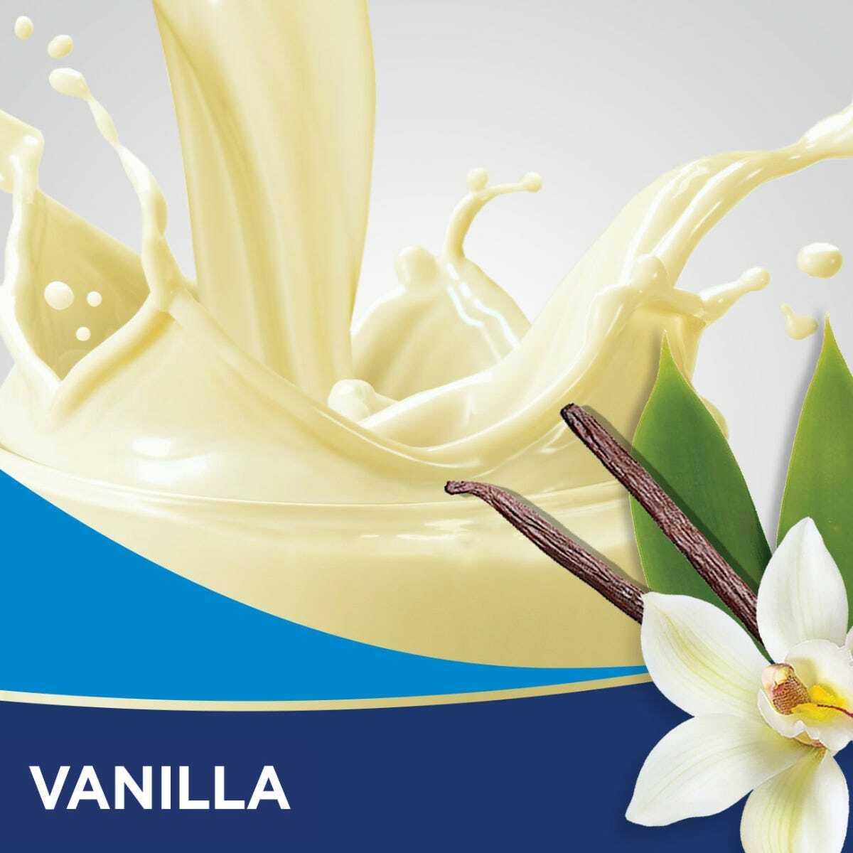 Vanilla shake pour with vanilla flower and cream-colored splash