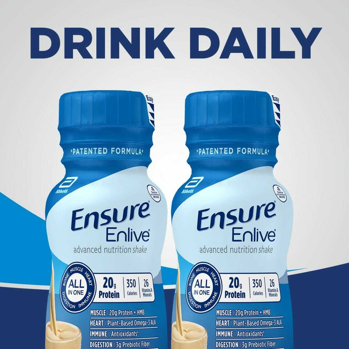 Drink daily label with two Ensure Enlive Vanilla bottles