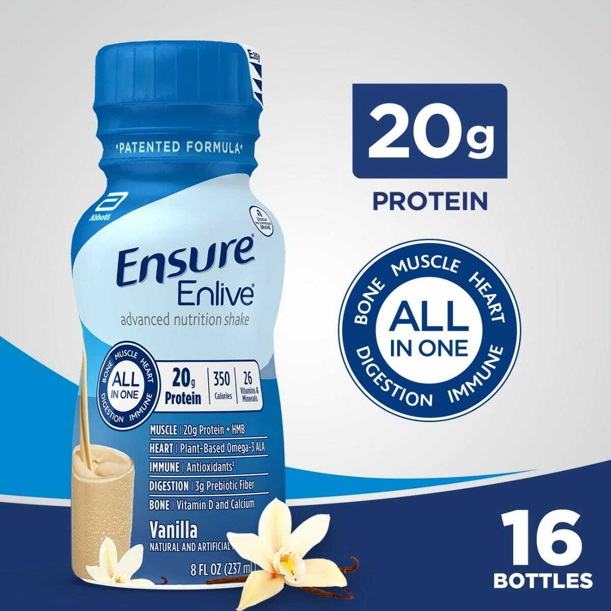 Ensure Enlive Vanilla bottle with 20g protein badge and 16 bottles sign
