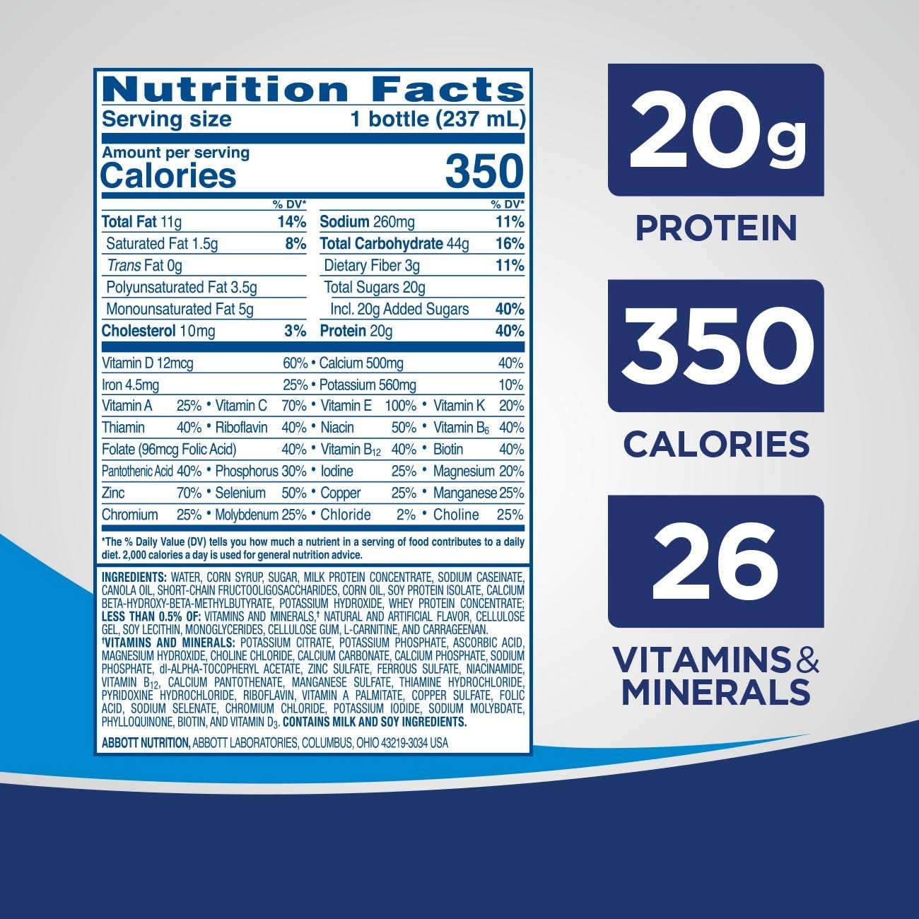 Nutrition facts panel: 20g protein, 350 calories, 26 vitamins & minerals