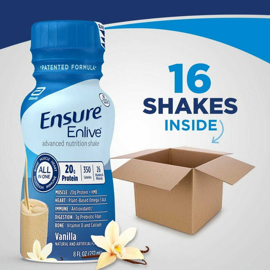Ensure Enlive Vanilla shake bottle with 16 shakes inside and shipping box