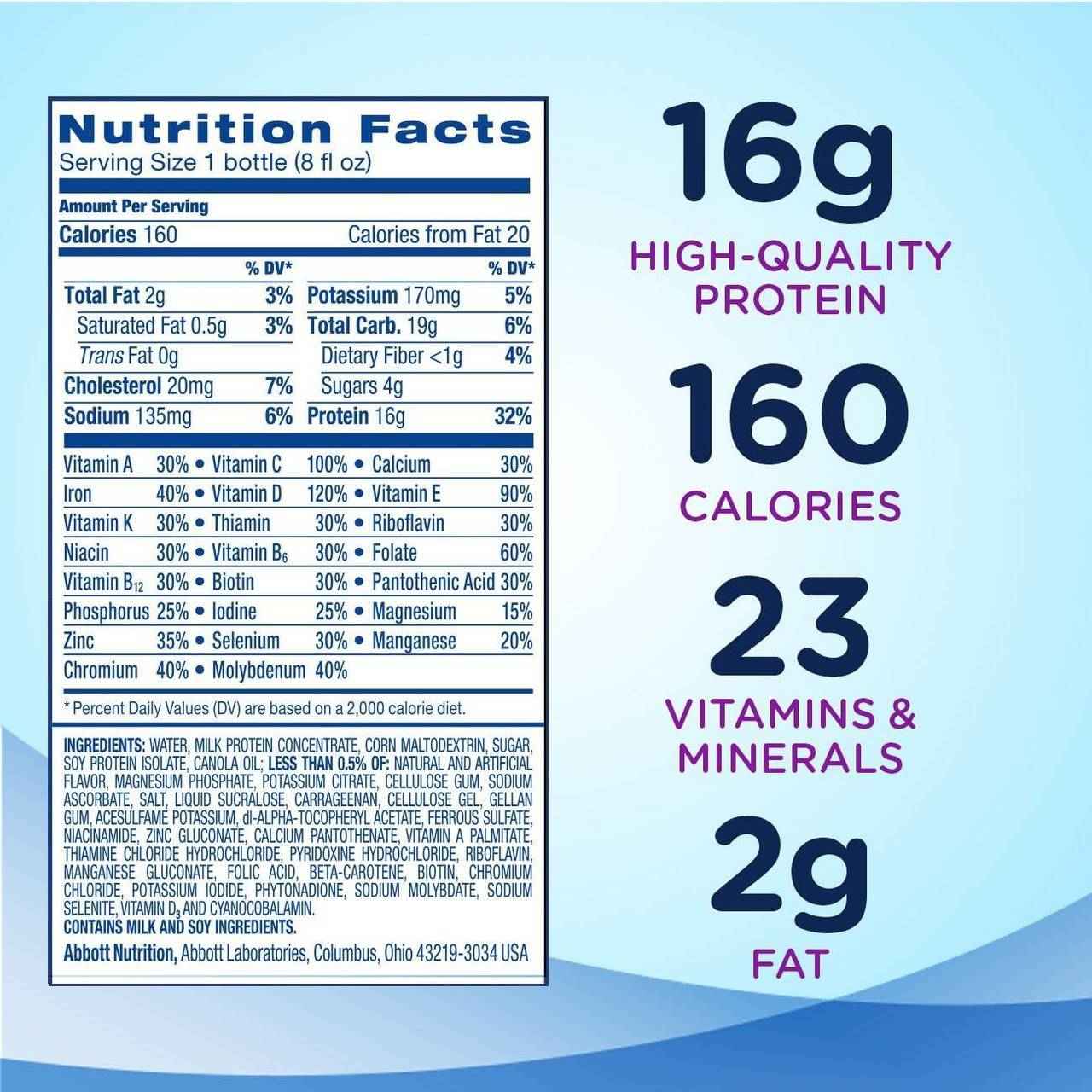 Nutrition Facts label: 1 bottle vanilla shake, 160 calories, 16g protein