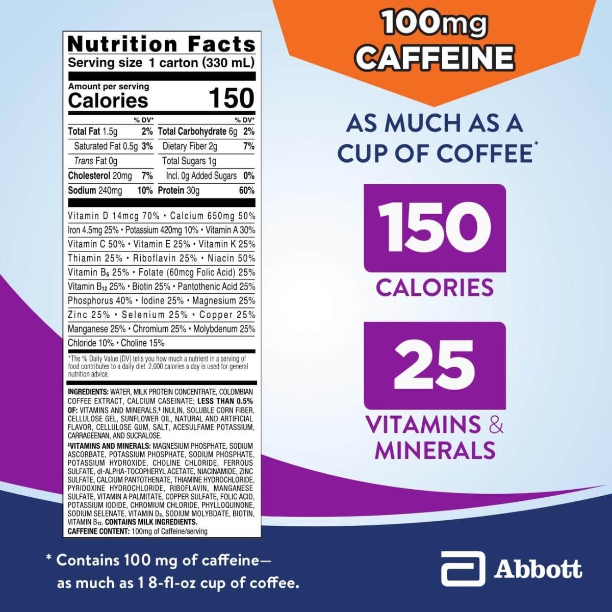 Ensure Max Protein Cafe Mocha nutrition facts panel with 150 calories and 25 vitamins