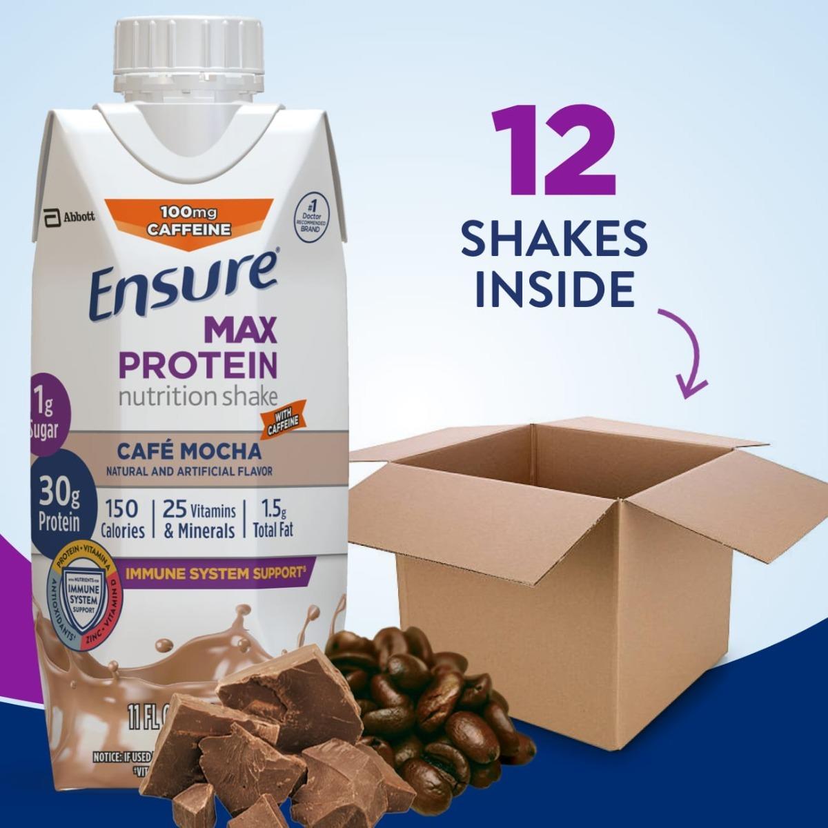 Open carton with Ensure Max Protein Cafe Mocha 12 shakes inside