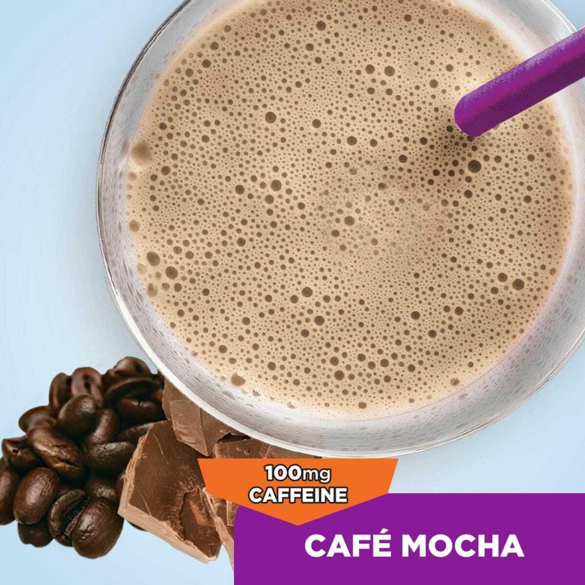 Glass of Cafe Mocha protein shake with 100 mg caffeine label and coffee-bean accents