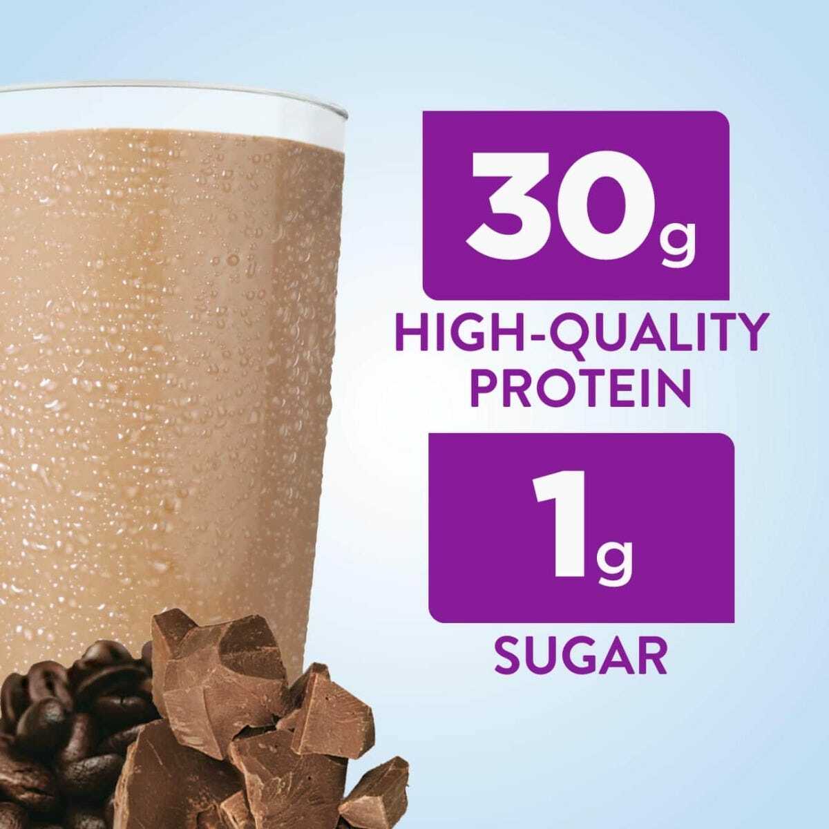 Cafe Mocha shake panel showing 30g high-quality protein and 1g sugar