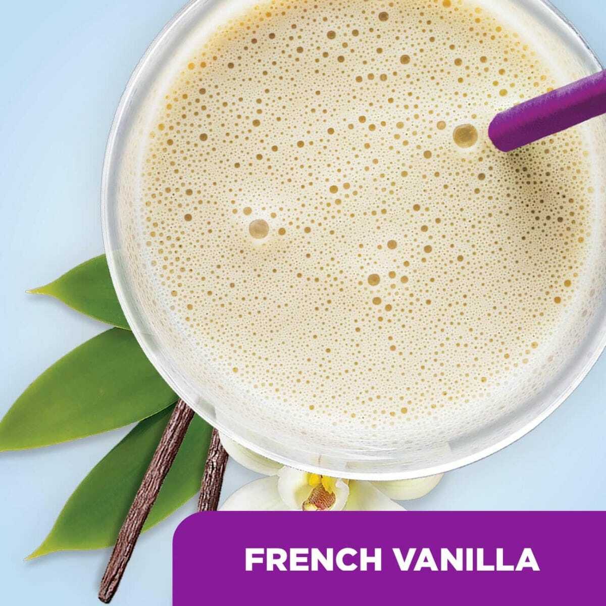 French Vanilla protein shake in cup with foam and vanilla bean