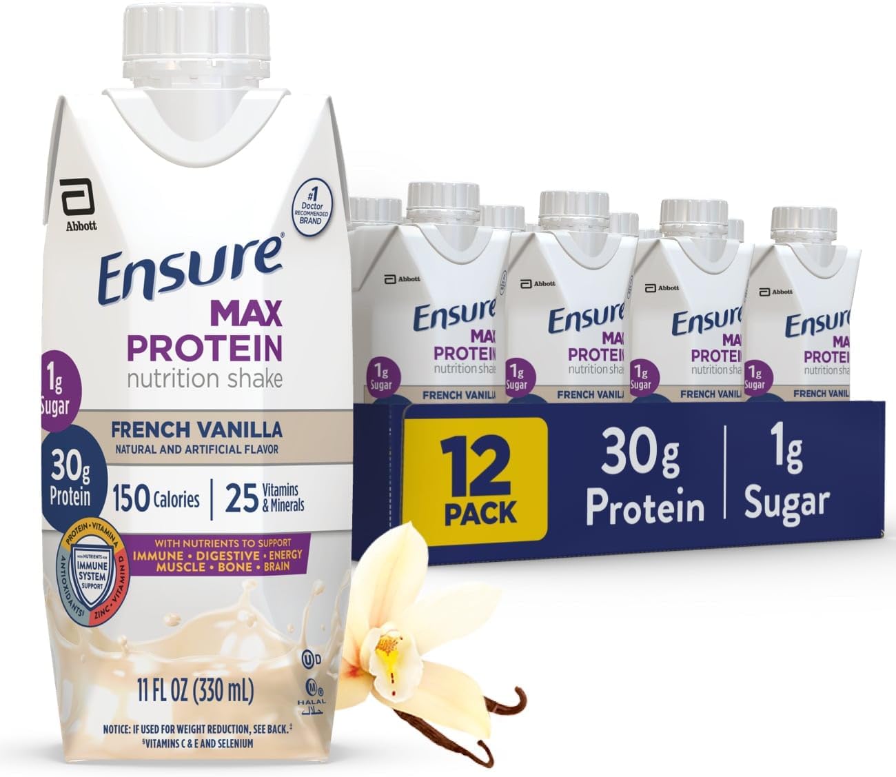 Ensure Max Protein nutrition shake carton, French Vanilla flavor, 11 fl oz (330 mL), bottle front