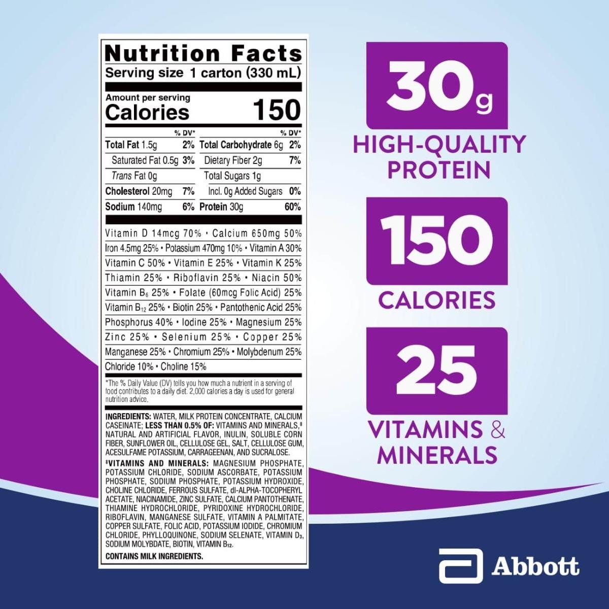 Nutrition Facts panel for French Vanilla protein shake, 1 carton serving size 330 mL