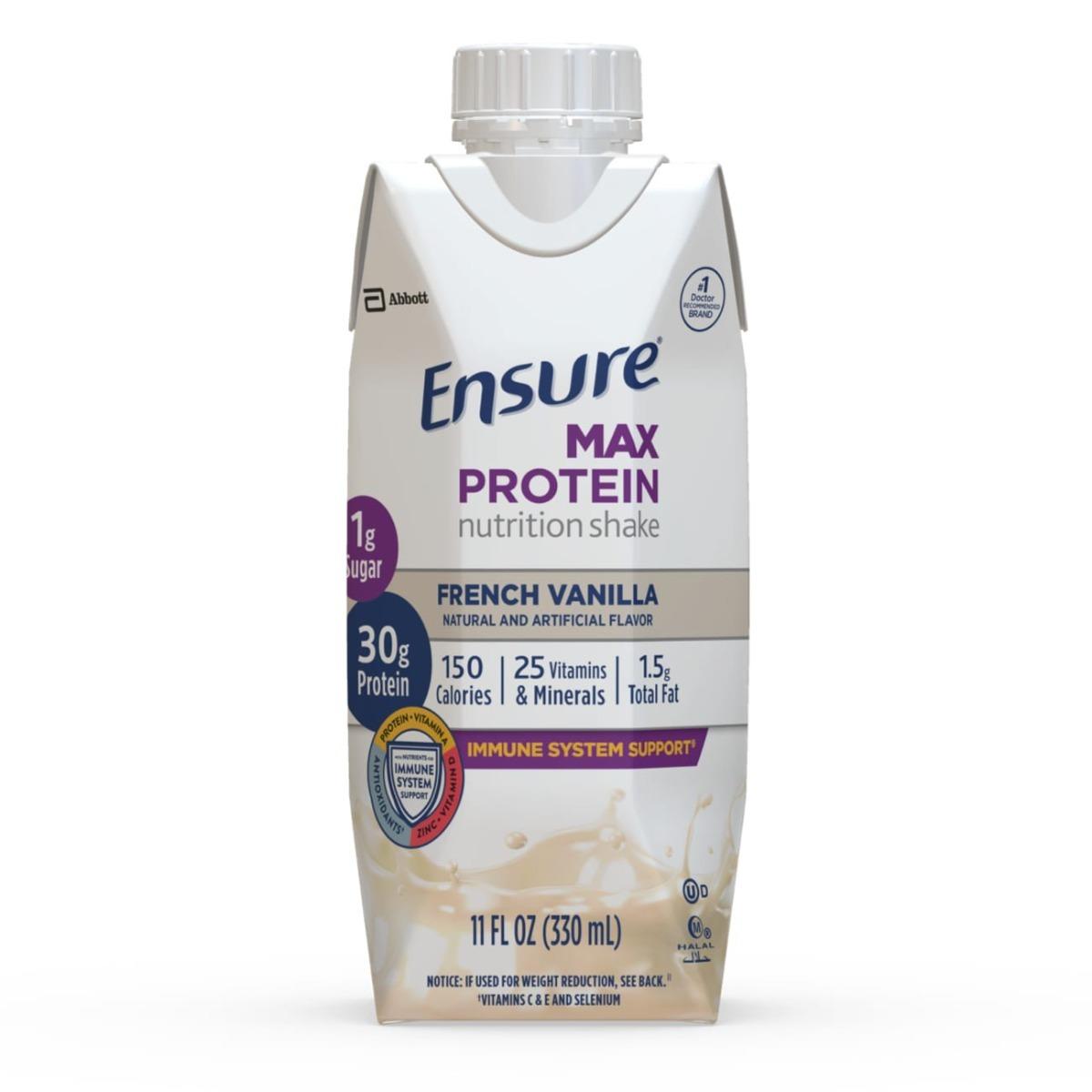 Ensure Max Protein nutrition shake carton front, French Vanilla, 11 fl oz (330 mL)