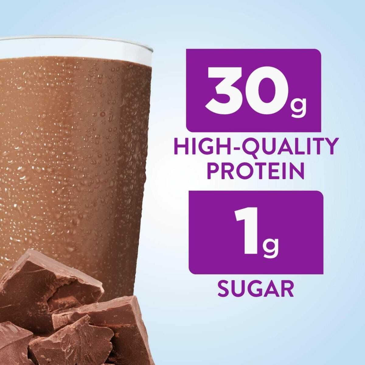 Close-up of milk chocolate shake cup with “30g high-quality protein” and “1g sugar”