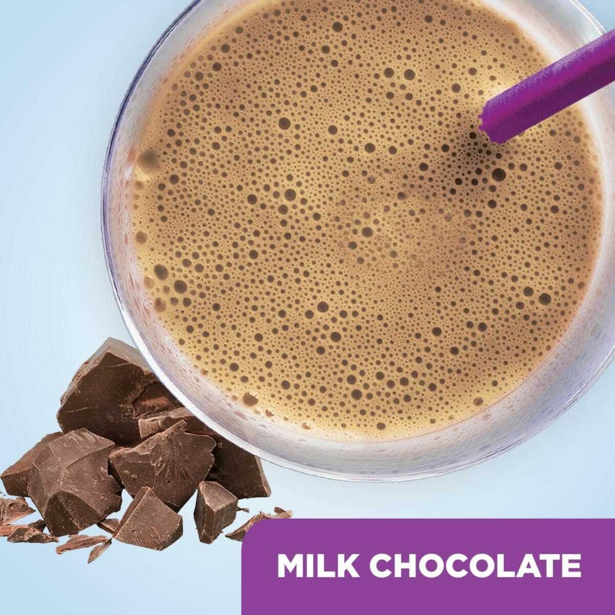 Glass cup with milk-chocolate drink and chocolate pieces labeled “Milk Chocolate”