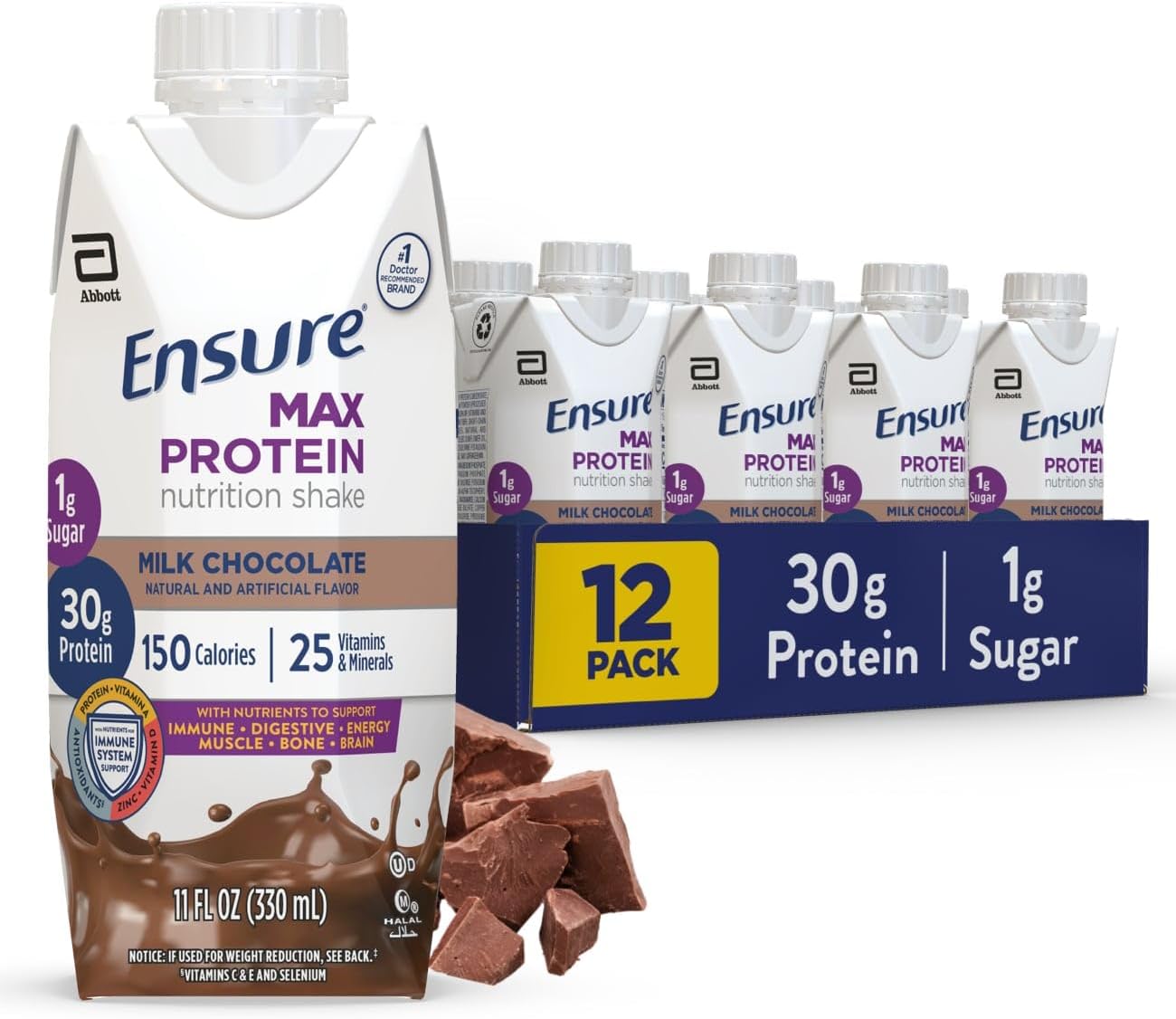 Ensure Max Protein milk chocolate nutrition shake carton, 11 fl oz (330 mL), 12-pack