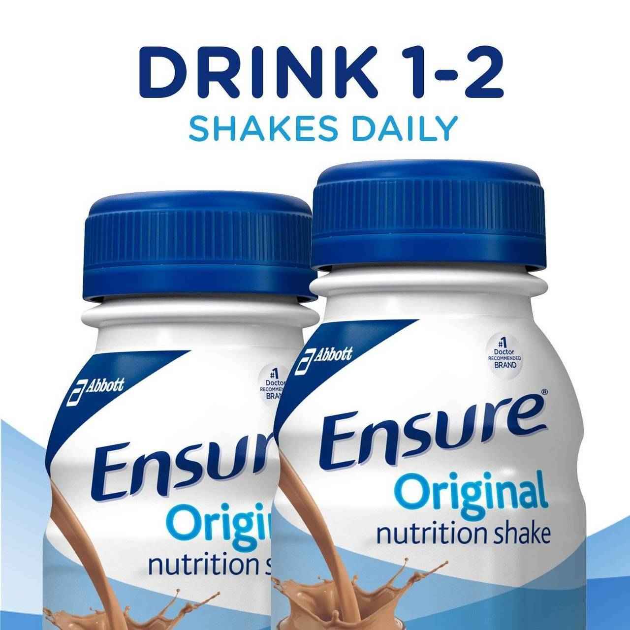 Ensure Original nutrition shake bottles with “Drink 1–2 shakes daily” text