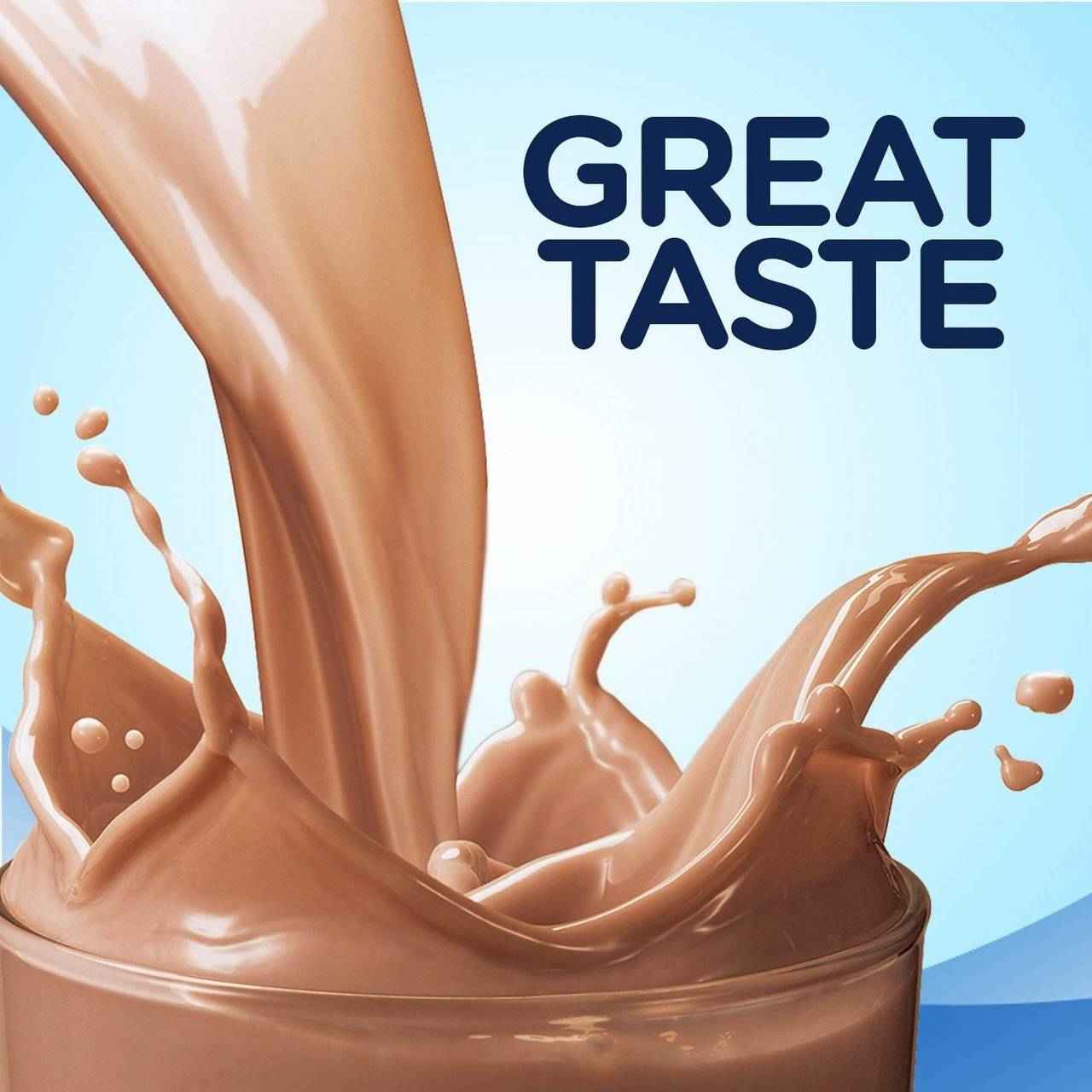 Milk chocolate shake swirl in bottle with “Great Taste” text