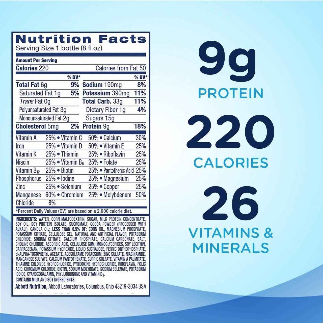 Nutrition Facts panel with 9g protein, 220 calories, 26 vitamins & minerals