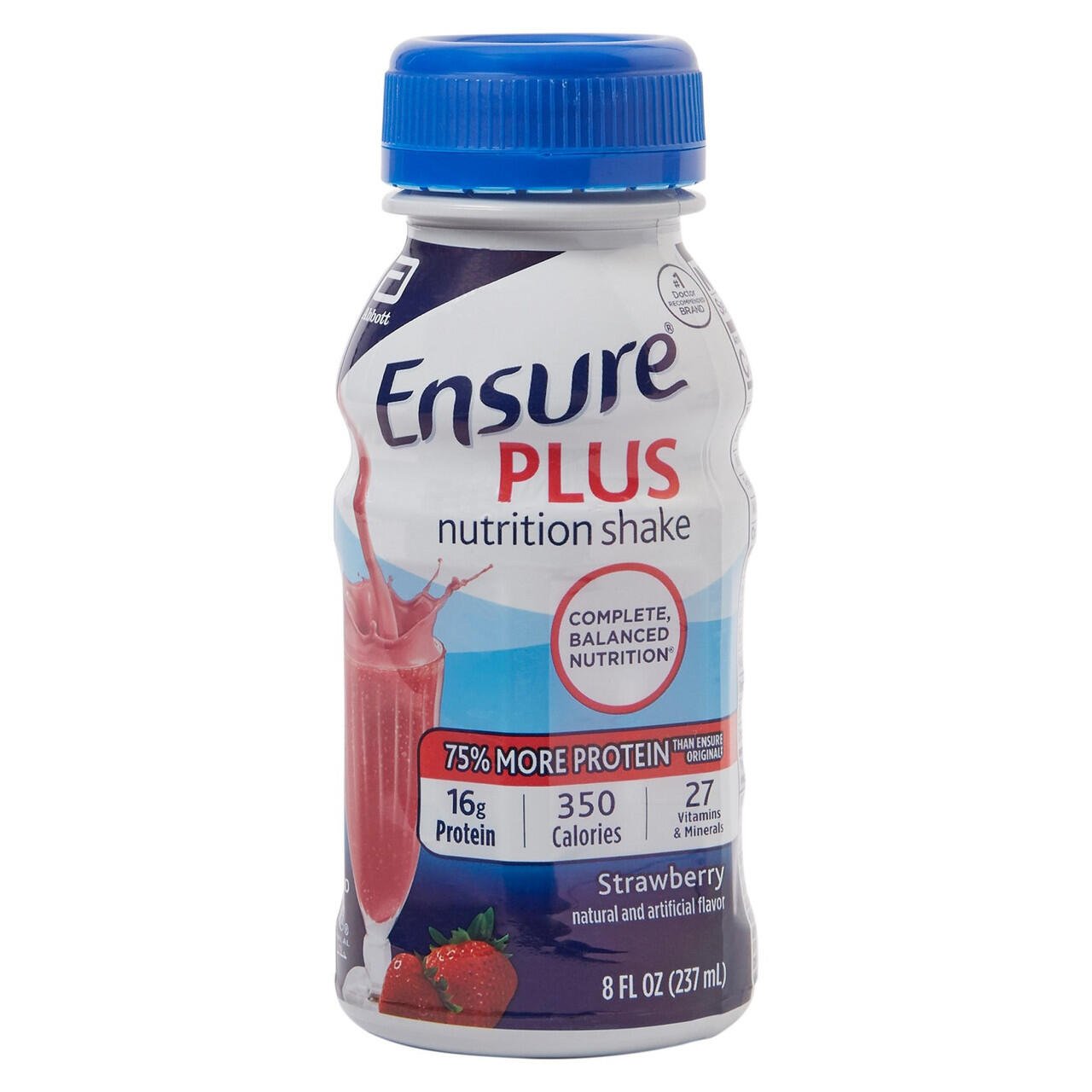 Ensure Plus strawberry nutrition shake, 8 fl oz bottle, front label close-up
