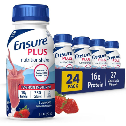 Ensure Plus strawberry nutrition shake, 8 fl oz bottle with 24-pack, front view