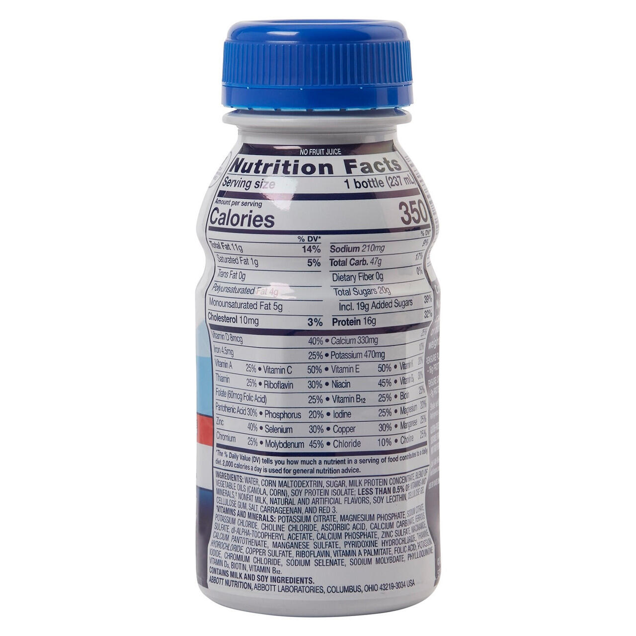 Ensure Plus nutrition shake bottle, back nutrition facts panel