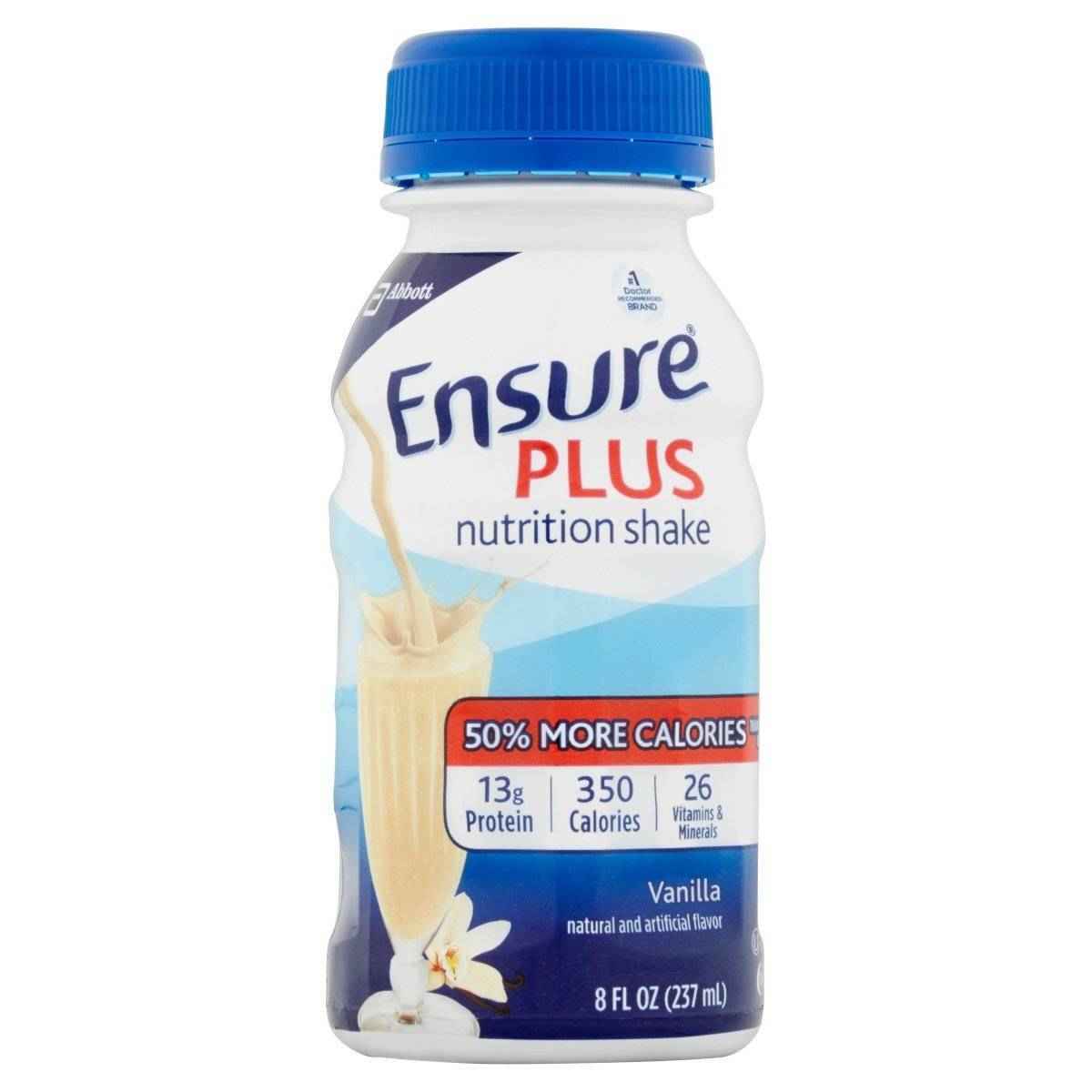 Ensure Plus nutrition shake vanilla 8 fl oz bottle with blue cap