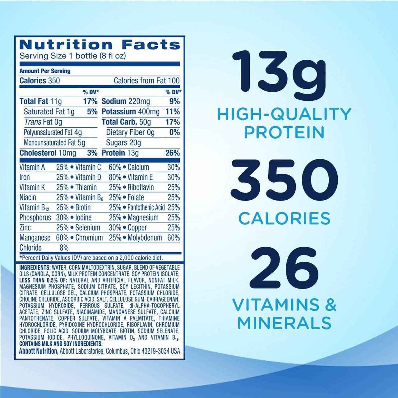 Nutrition facts panel: 13g protein, 350 calories, 26 vitamins & minerals