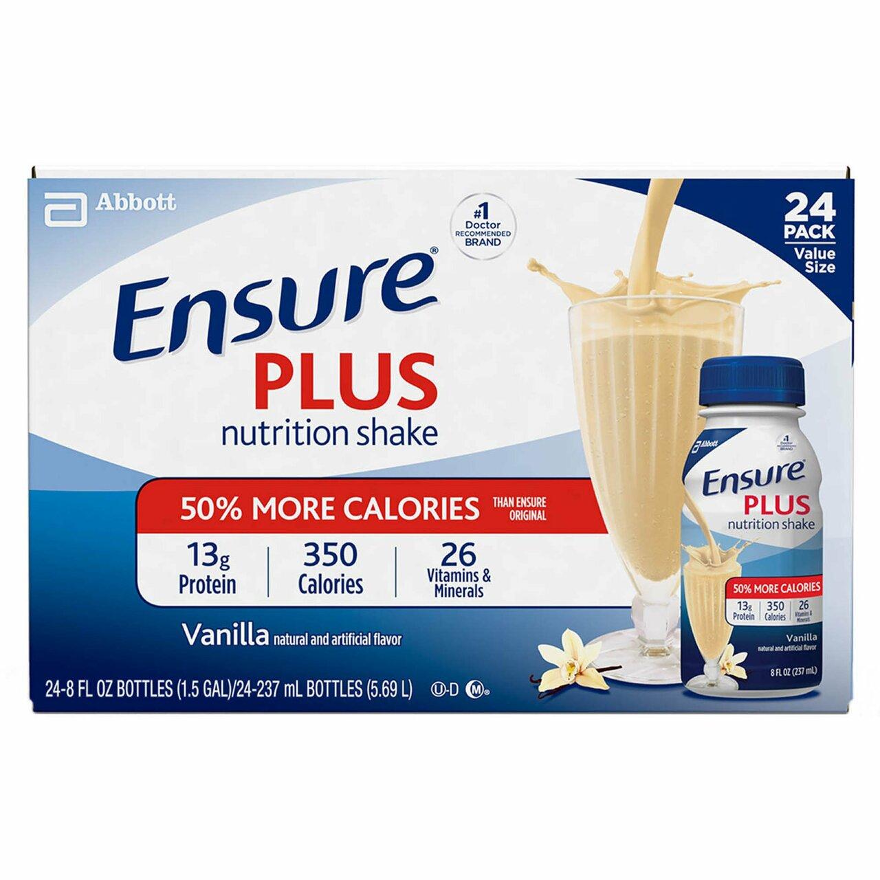 Ensure Plus nutrition shake case, 24-pack bottles, vanilla flavor, bottle shown
