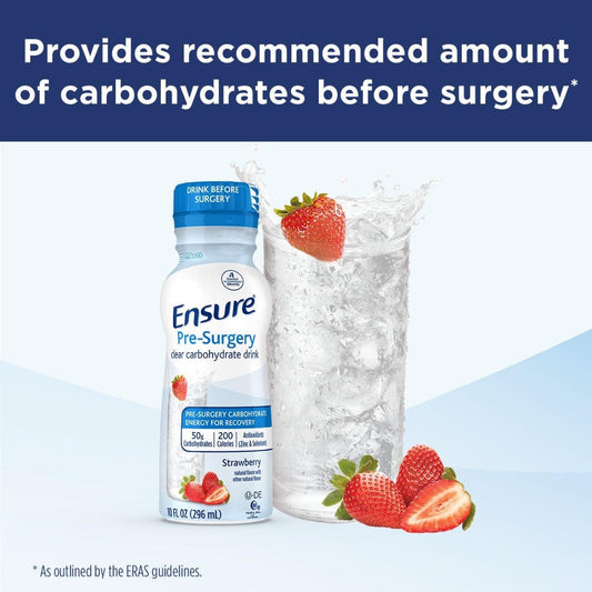 Ensure Pre-Surgery bottle with strawberry flavor clear carb drink beside a water glass