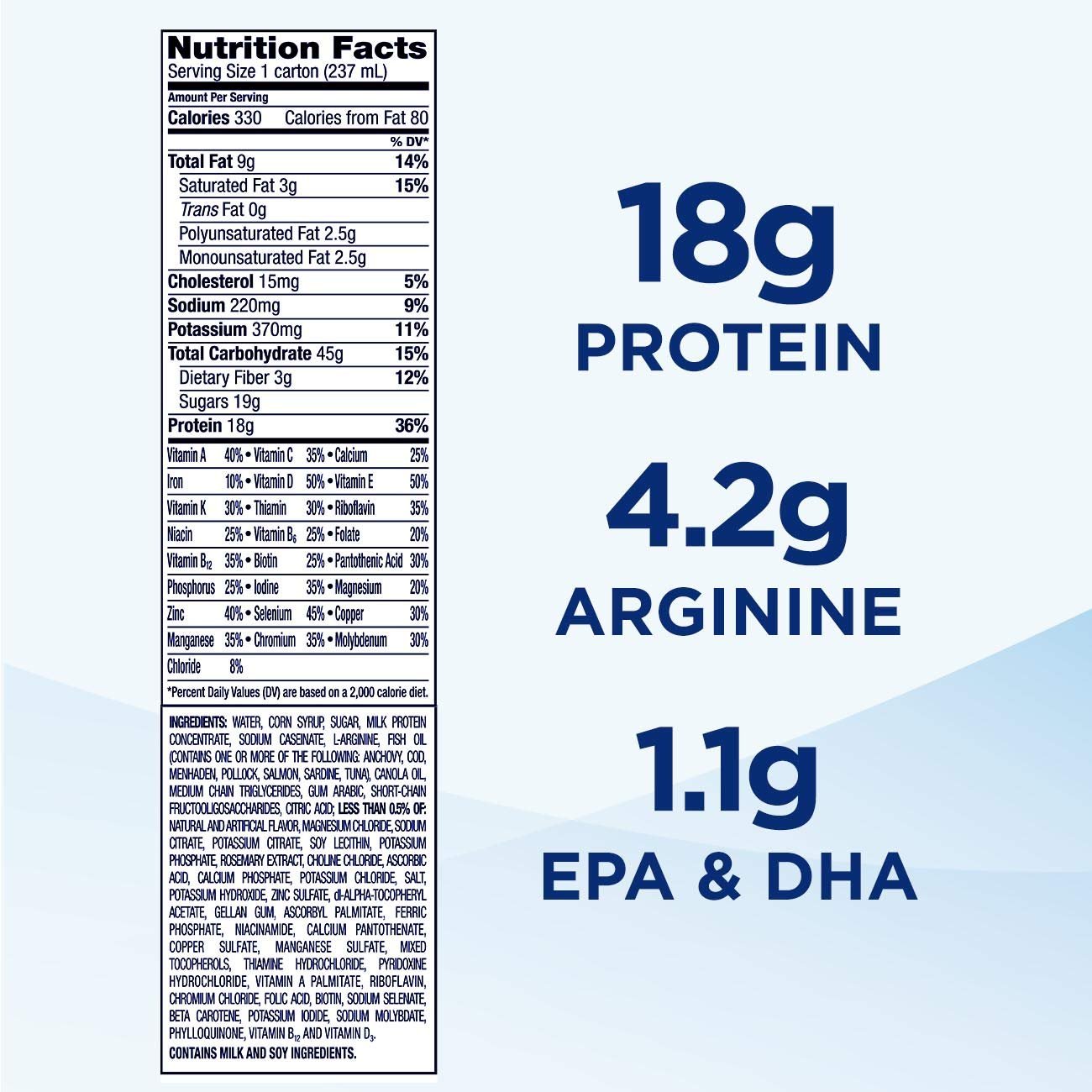 Nutrition facts: 18g protein, 4.2g arginine, 1.1g EPA & DHA per 1 carton (237 mL)