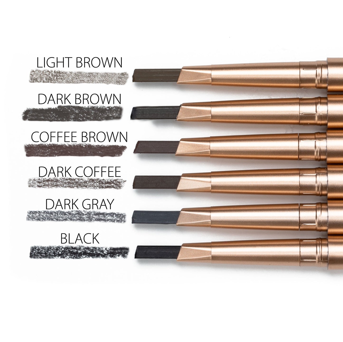 Eyebrow pencil set with multiple shades, fine tips, and attached spoolie brush wands