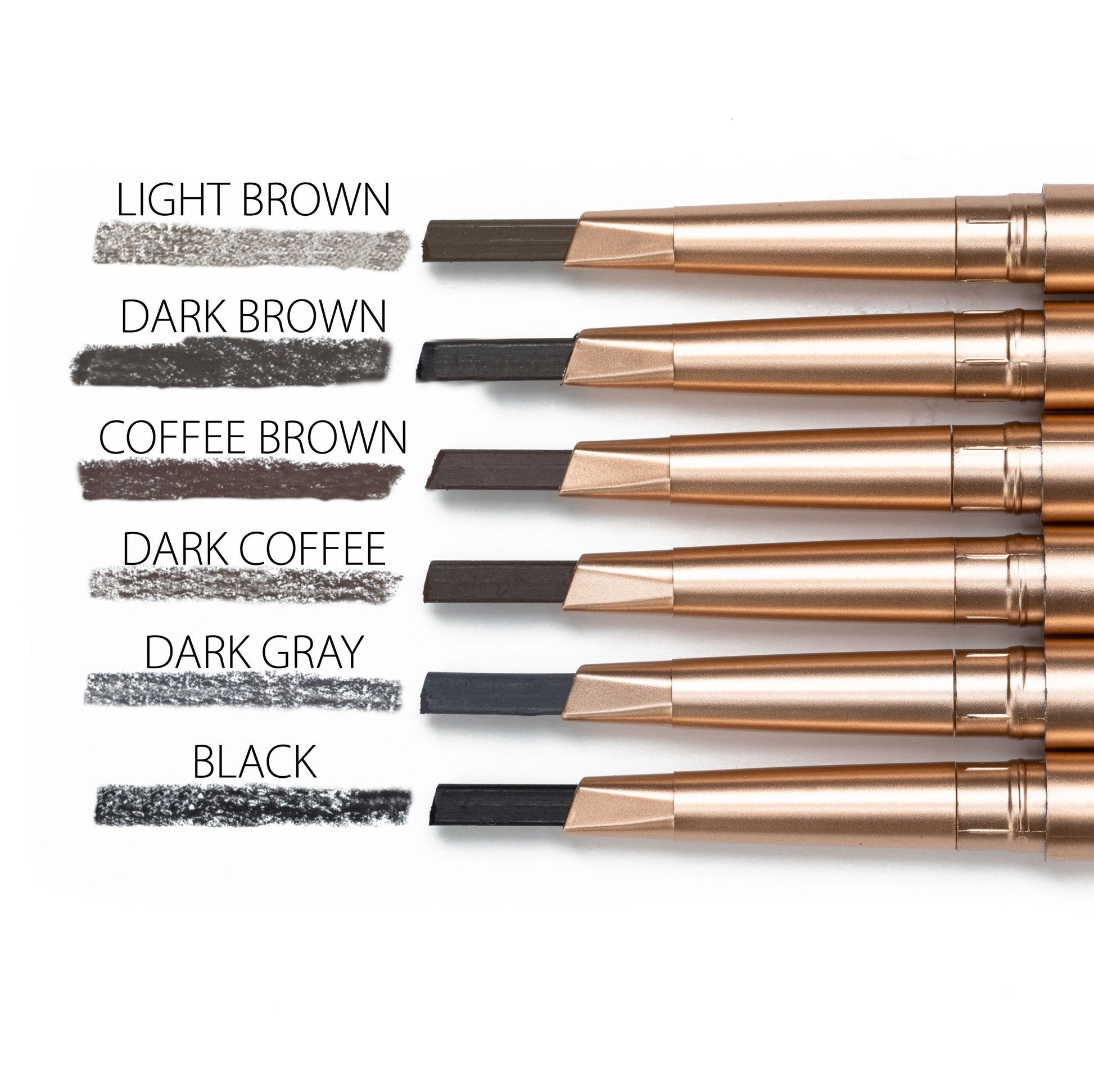 Eyebrow pencil set with multiple shades, fine tips, and attached spoolie brush wands