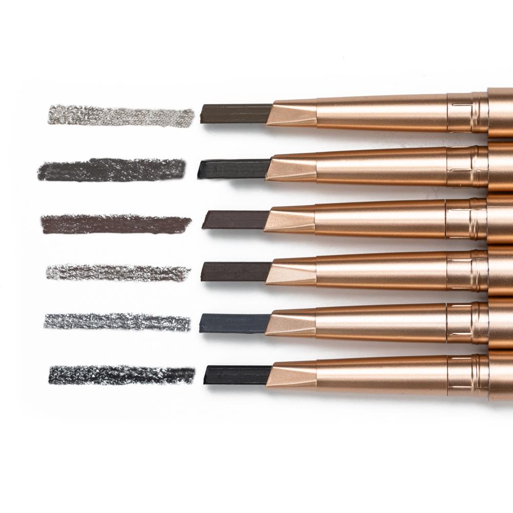 Eyebrow pencil set with spoolie ends and several brow shade swatches, various shades.