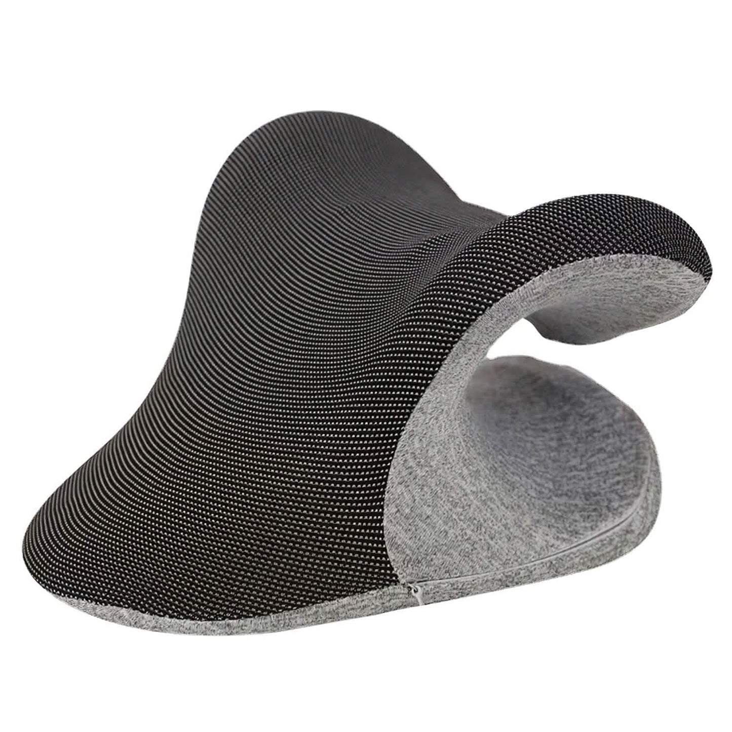 Dark heated neck stretcher pillow with gray interior lining and U-shaped cutout