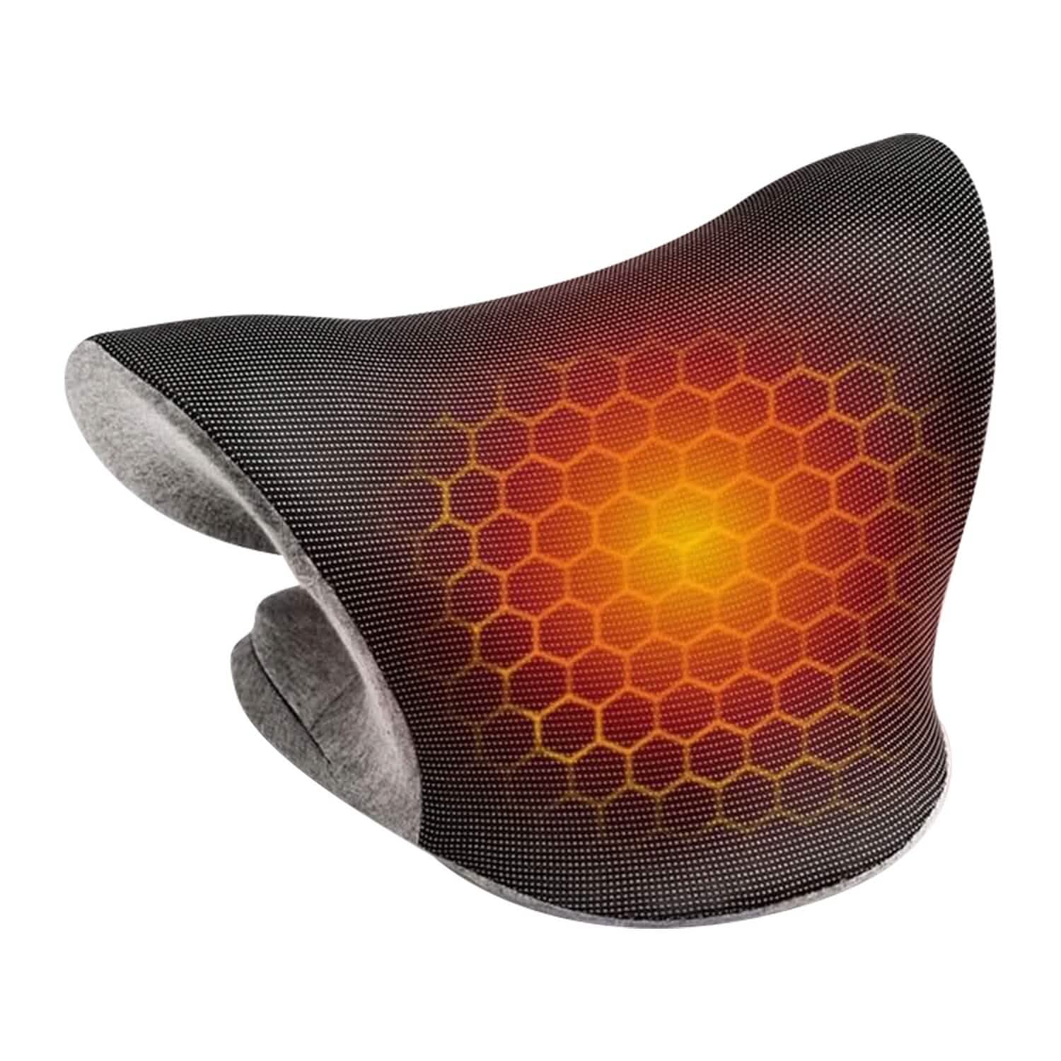 Dark ergonomic heated neck stretcher pillow with glowing hex-pattern heating panel