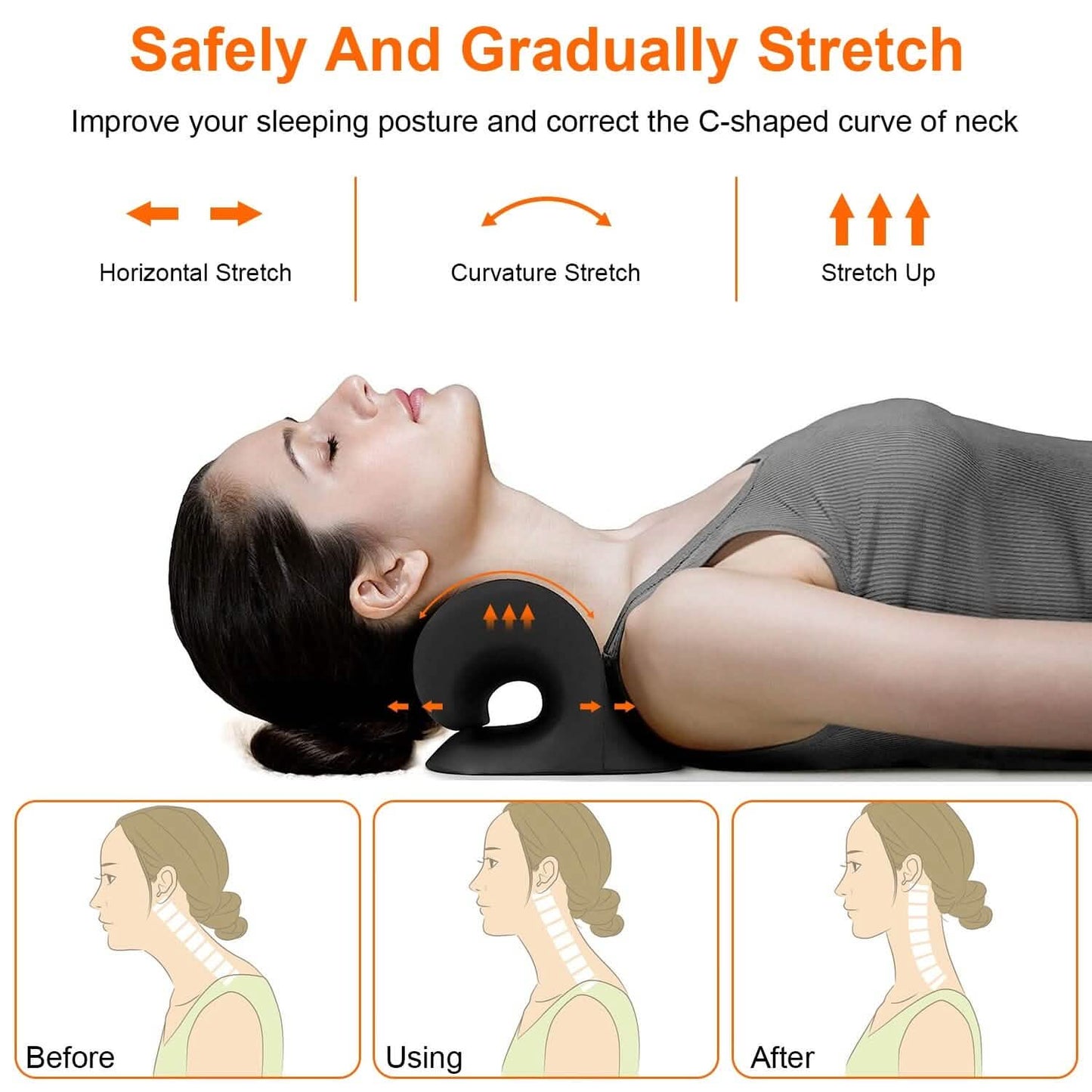 Dark C-shaped neck stretcher pillow used under the neck for gentle stretch