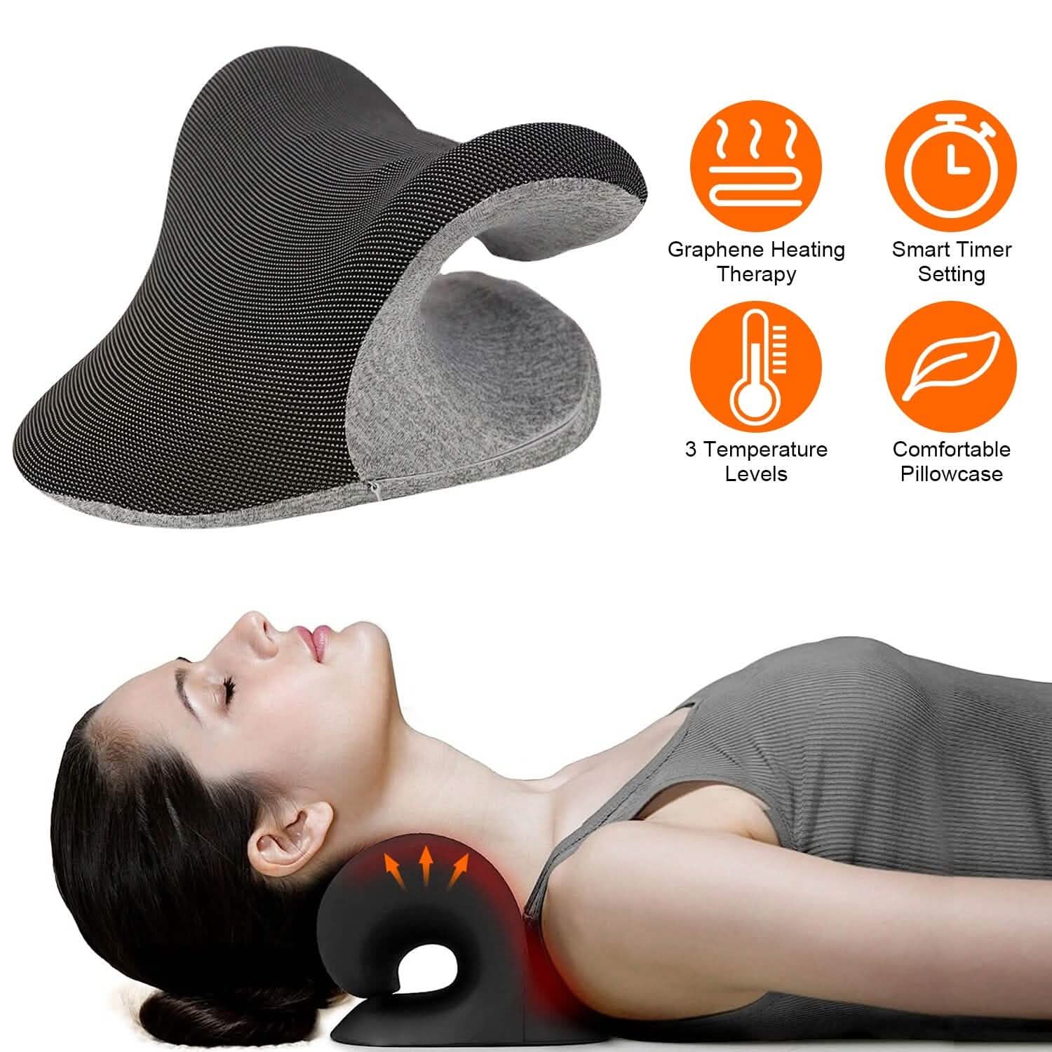 Dark heated neck stretcher pillow with gray lining; graphene heating and timer icons