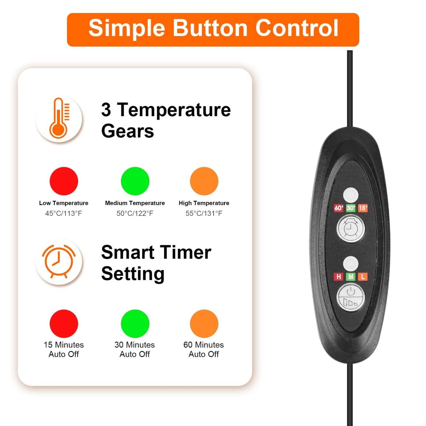 Heated pillow control button unit with temperature and timer settings display