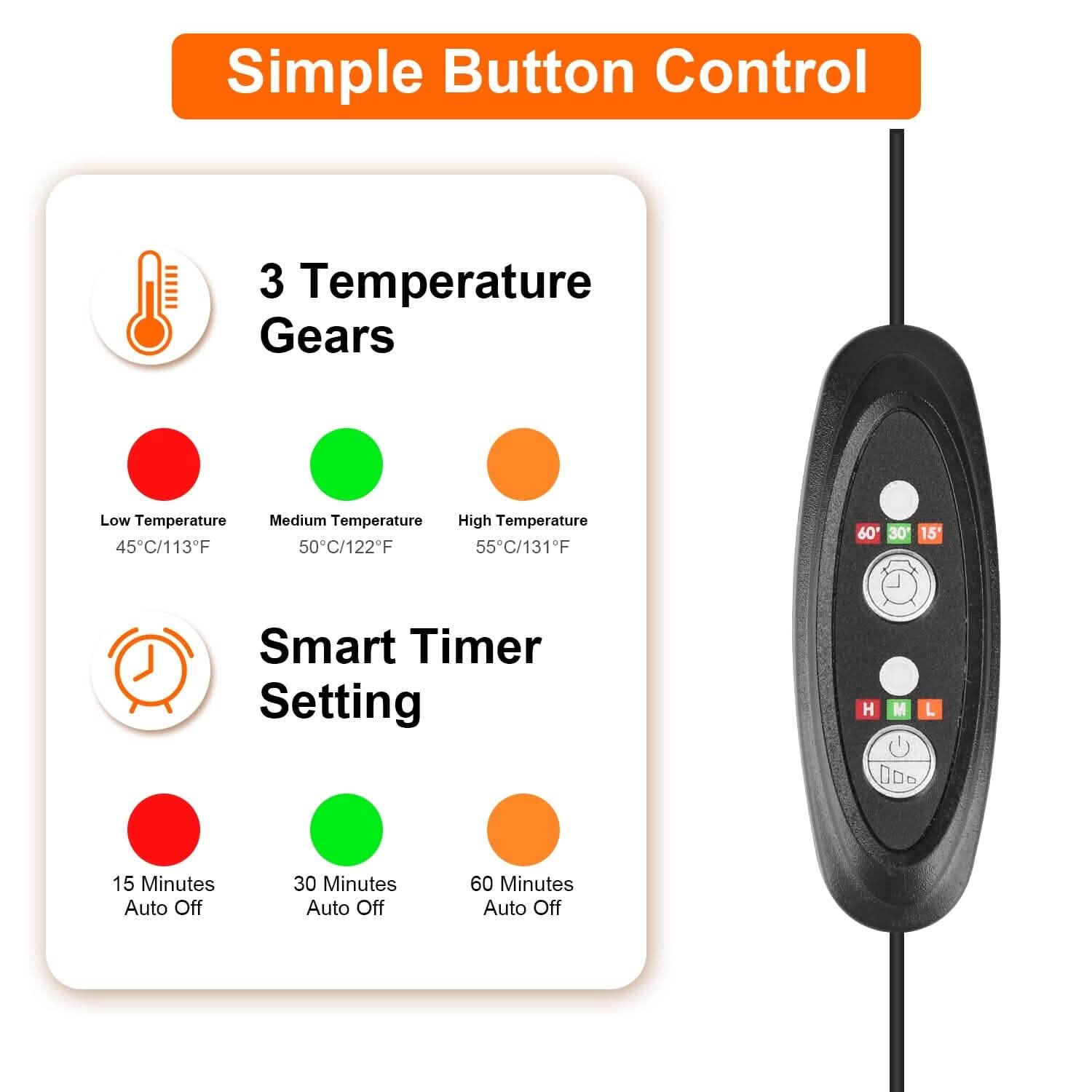 Heated pillow control button unit with temperature and timer settings display