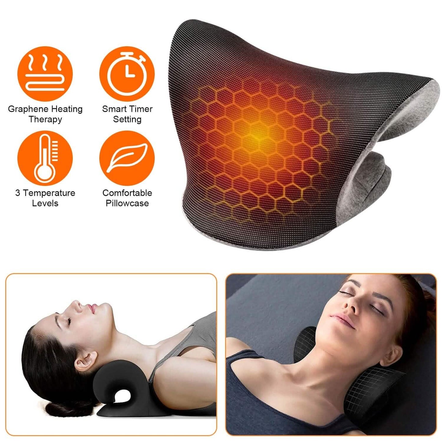 Dark heated neck stretcher pillow with glowing hex heating area and gray lining