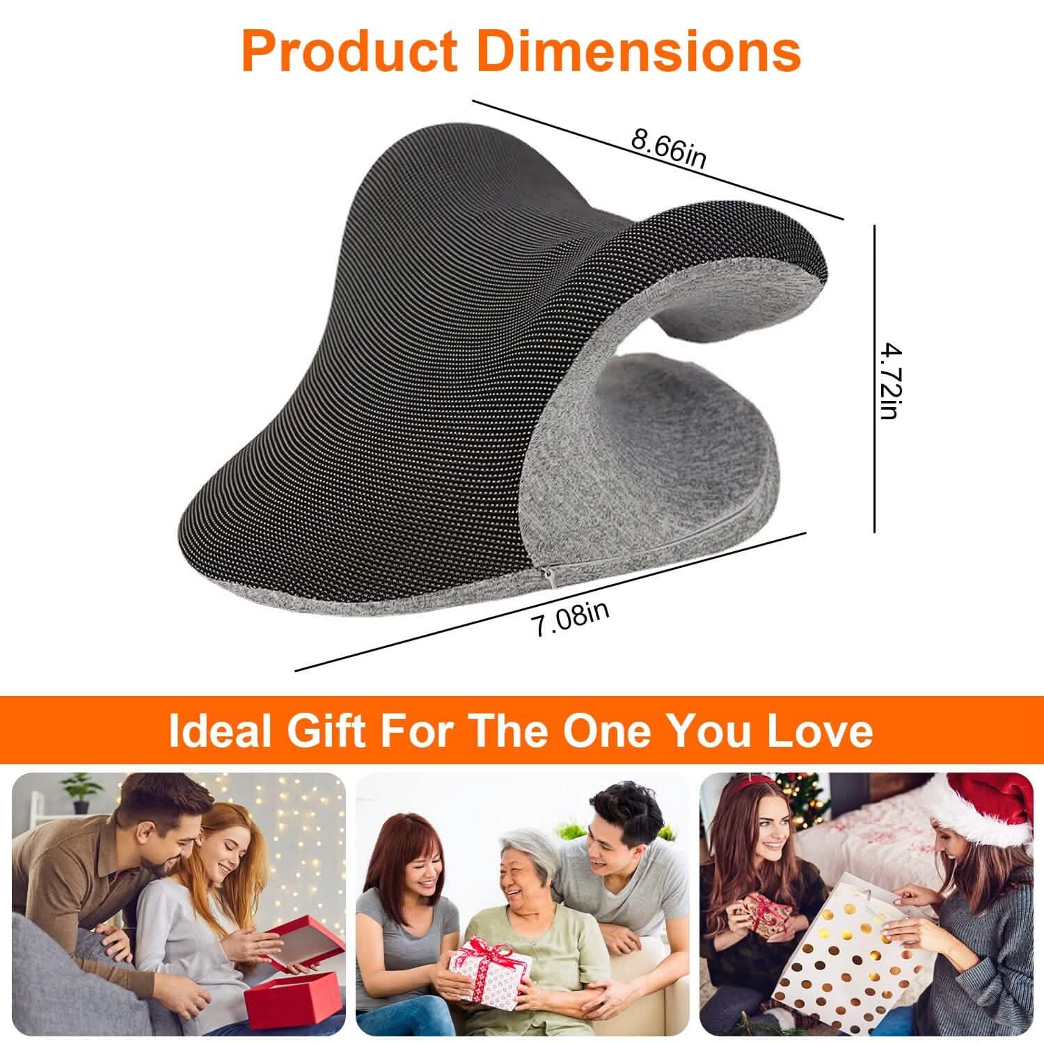 C-shaped heated neck stretcher pillow with gray lining and textured dark cover