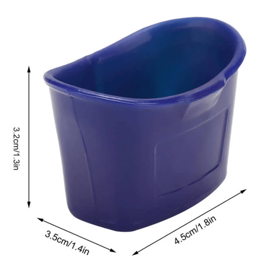 Blue plastic eye drop guide with rounded shape and size measurements