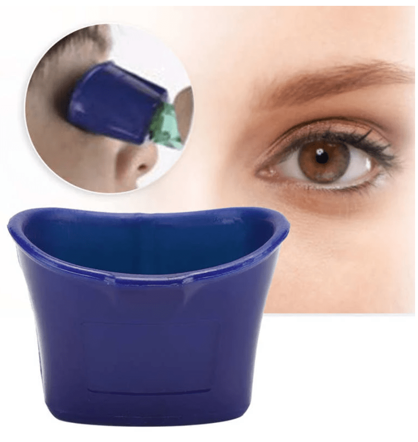 Blue eye drop guide for dispensing drops; close-up eye with inset dropper view