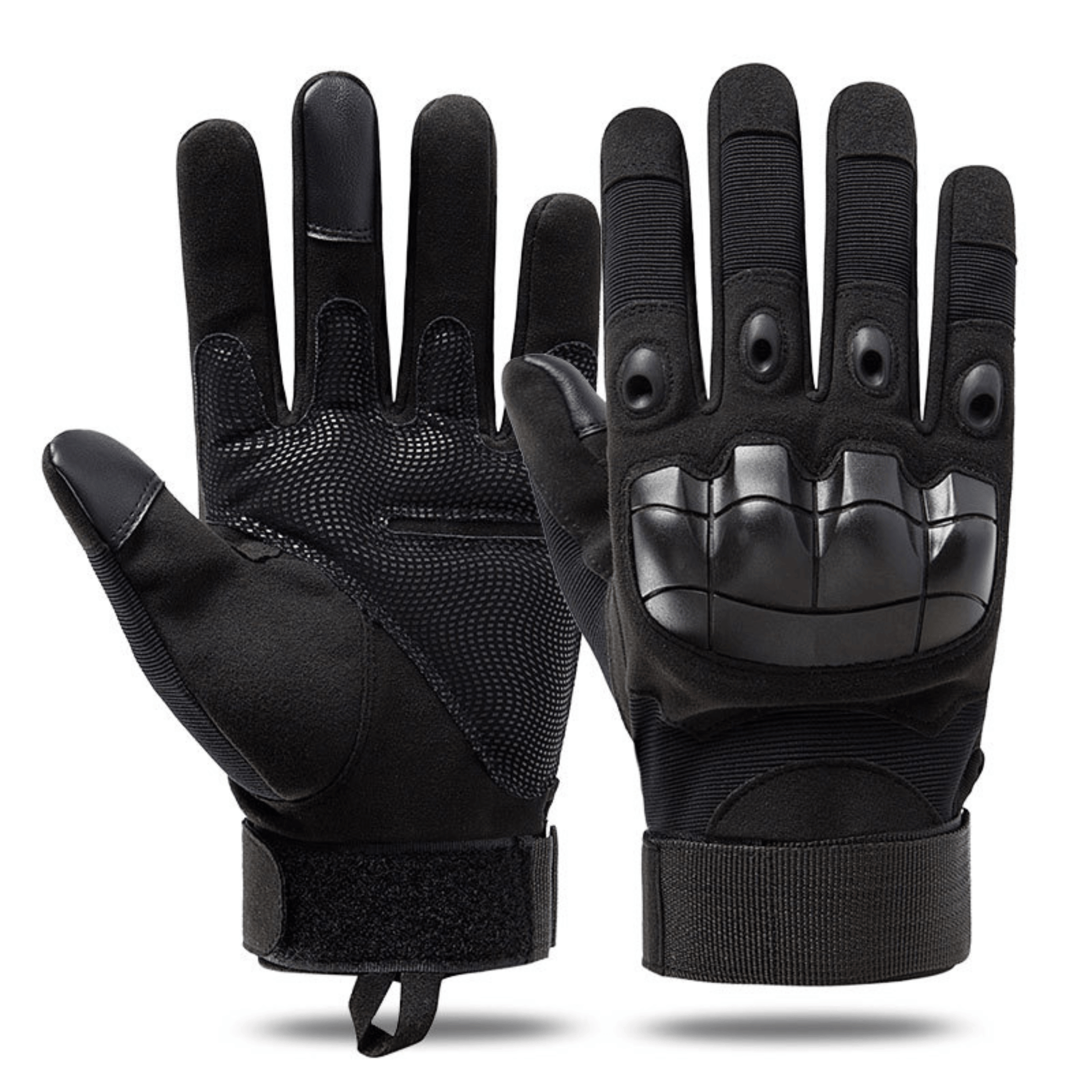 Black tactical airsoft gloves with knuckle and palm protective padding, hook-and-loop cuff