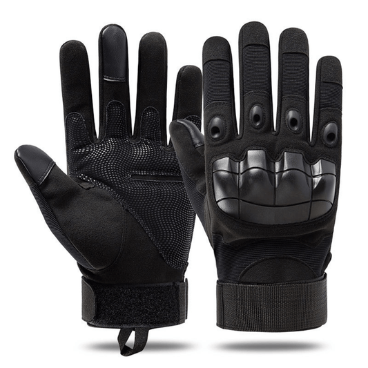 Black tactical airsoft gloves with knuckle and palm protective padding, hook-and-loop cuff