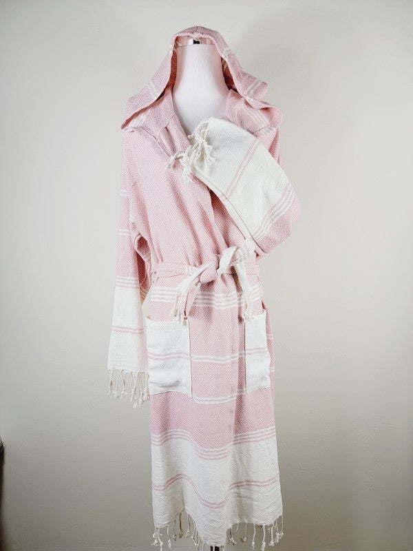 Pink robe with hood and tie belt; striped design with fringed trim at sleeves