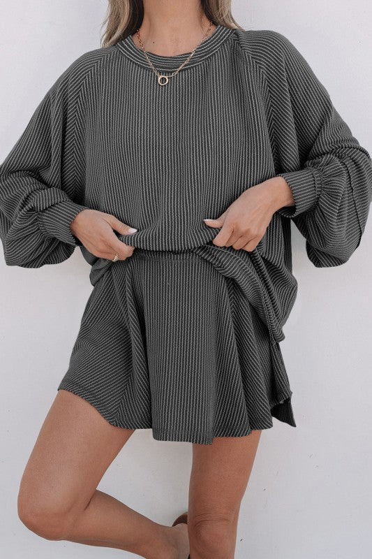 Dark grey corded top and ruffle mini skirt set, flared skirt with gathers