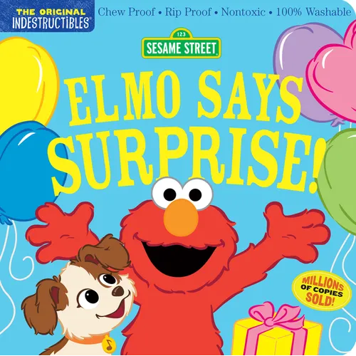 Chew-proof baby book cover featuring Elmo, Sesame Street characters, blue background, gift graphics