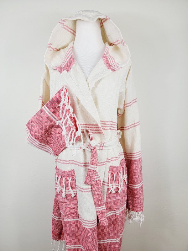 Unisex robe with hood, red-and-white striped pattern, tie belt, and side pockets